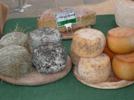 K&auml;sesorten auf Brettern am Markt