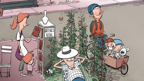 Bild vergrößern Zeichnung eines offenen Bücherschranks