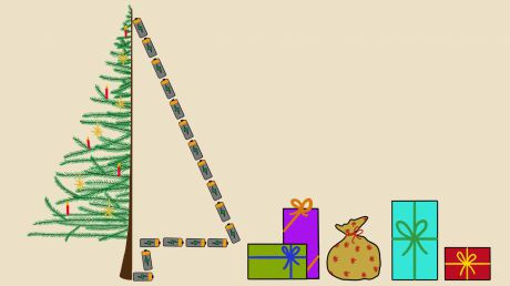 Grafik: Christbaum, der halb aus Batterien besteht und Geschenke