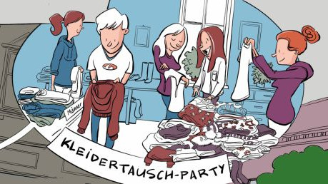 Zeichnung mit 5 Personen auf einer Kleidertauschparty