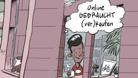 Ein Mann vor dem Laptop verkauft etwas online.