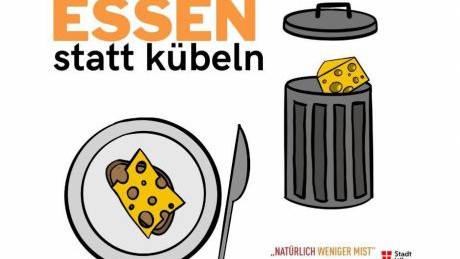 Grafik mit K&auml;sebrot am Teller und K&auml;se in der M&uuml;lltonne