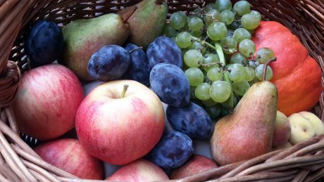Einkaufskorb mit frischem Obst und Gem&uuml;se